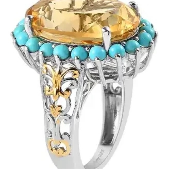 Brazilian Citrine Sleeping Beauty Turquoise Halo Ring Vermeil YG & Platinum O/SS - Picture 2 of 7